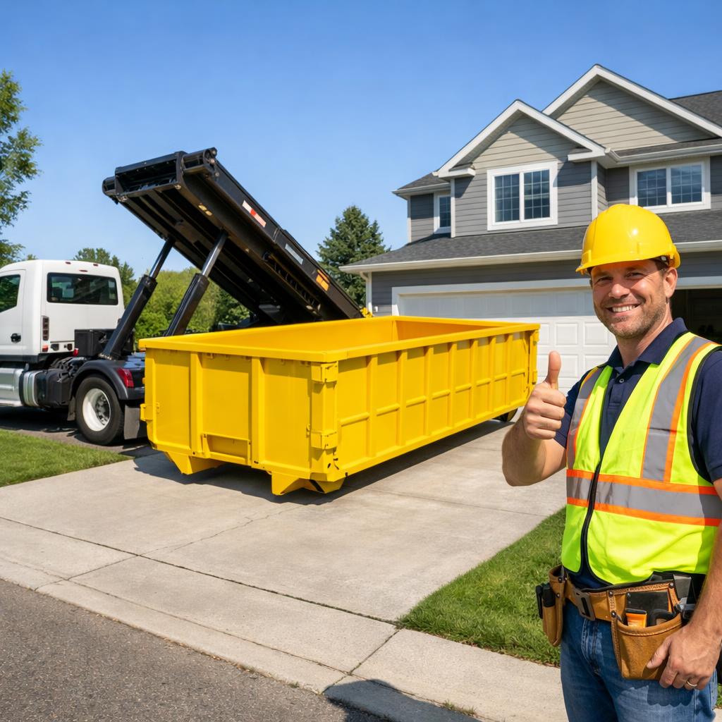 Dumpster being delivered to a residential driveway